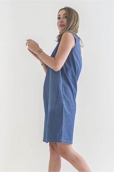 Cepli Yıkanmış Pamuk Likralı Elbise Mavi - XS