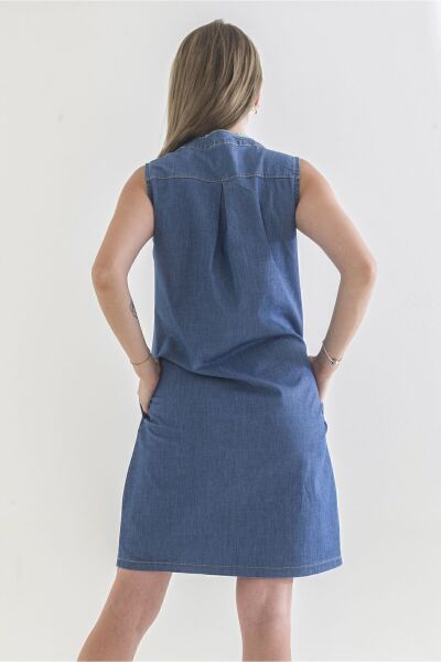 Cepli Yıkanmış Pamuk Likralı Elbise Mavi - XS