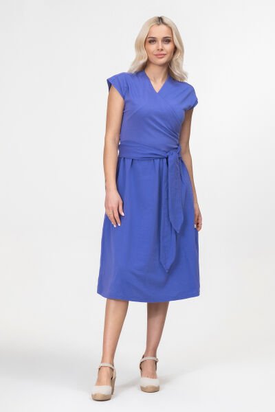 Bold and Young Düşük Kol Cepli Pervazlı Kuşaklı Beden Pamuk Likralı Etek pamuklu Elbise S - Mor