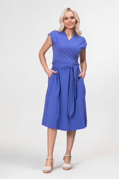 Bold and Young Düşük Kol Cepli Pervazlı Kuşaklı Beden Pamuk Likralı Etek pamuklu Elbise S - Mor