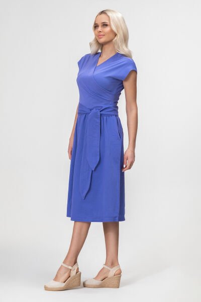 Bold and Young Düşük Kol Cepli Pervazlı Kuşaklı Beden Pamuk Likralı Etek pamuklu Elbise S - Mor