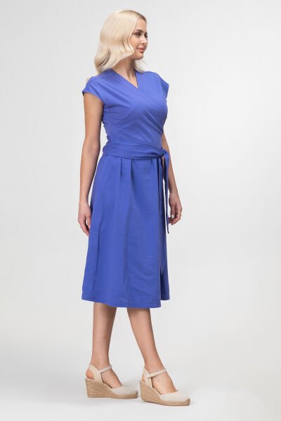 Bold and Young Düşük Kol Cepli Pervazlı Kuşaklı Beden Pamuk Likralı Etek pamuklu Elbise S - Mor