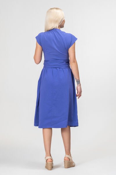 Bold and Young Düşük Kol Cepli Pervazlı Kuşaklı Beden Pamuk Likralı Etek pamuklu Elbise S - Mor