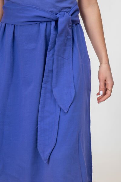 Bold and Young Düşük Kol Cepli Pervazlı Kuşaklı Beden Pamuk Likralı Etek pamuklu Elbise S - Mor