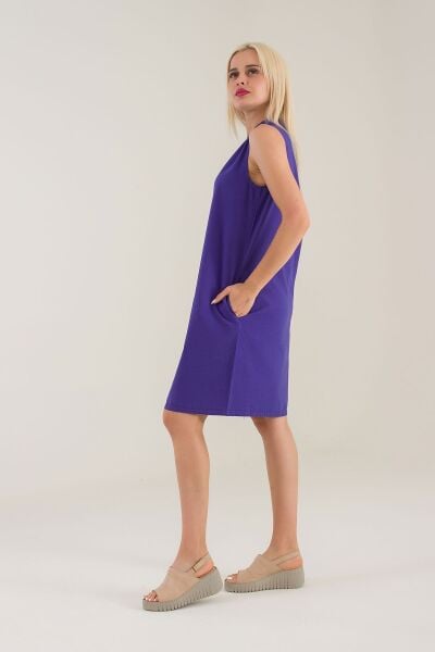 Cepli Yıkanmış Pamuk Likralı Elbise Mor - XS