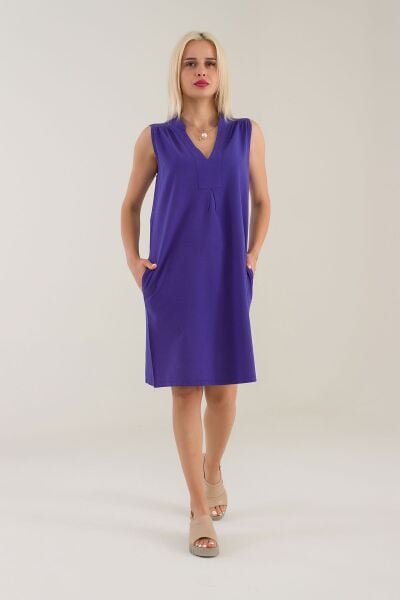 Cepli Yıkanmış Pamuk Likralı Elbise Mor - XS