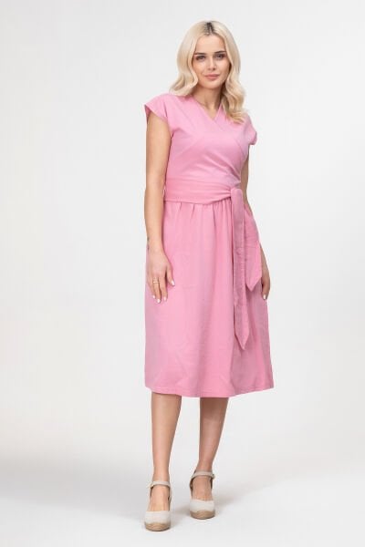 Bold and Young Düşük Kol Cepli Pervazlı Kuşaklı Beden Pamuk Likralı Etek pamuklu Elbise 3XL - Pembe