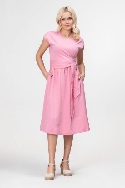 Bold and Young Düşük Kol Cepli Pervazlı Kuşaklı Beden Pamuk Likralı Etek pamuklu Elbise 3XL - Pembe