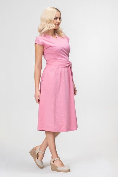 Bold and Young Düşük Kol Cepli Pervazlı Kuşaklı Beden Pamuk Likralı Etek pamuklu Elbise 3XL - Pembe