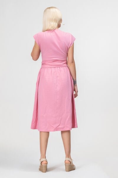 Bold and Young Düşük Kol Cepli Pervazlı Kuşaklı Beden Pamuk Likralı Etek pamuklu Elbise 3XL - Pembe