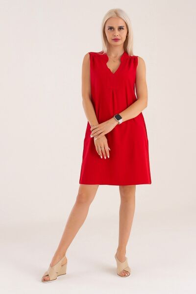 Cepli Yıkanmış Pamuk Likralı Elbise Kırmızı - M