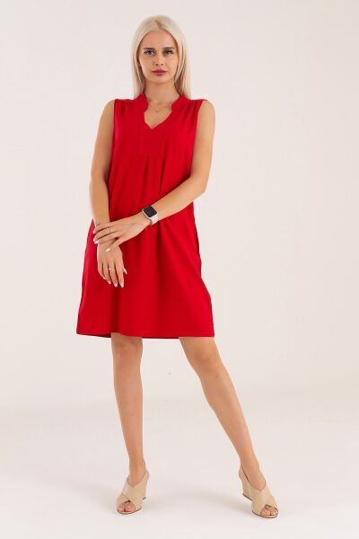 Cepli Yıkanmış Pamuk Likralı Elbise Kırmızı - M