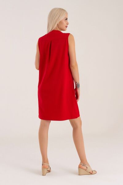 Cepli Yıkanmış Pamuk Likralı Elbise Kırmızı - M