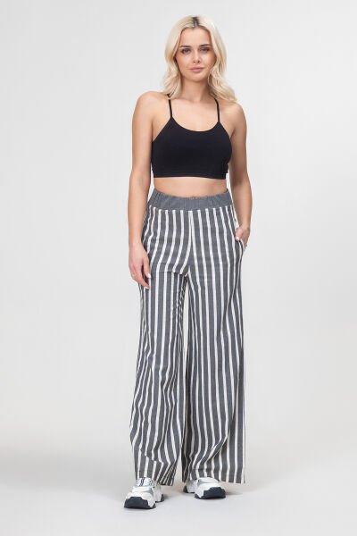 Bold and Young Beli Lastikli Çizgili İpliği Boyalı Bol Palazzo Pamuklu Pantolon XXL - siyah ekru