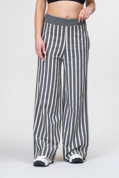 Bold and Young Beli Lastikli Çizgili İpliği Boyalı Bol Palazzo Pamuklu Pantolon XXL - siyah ekru