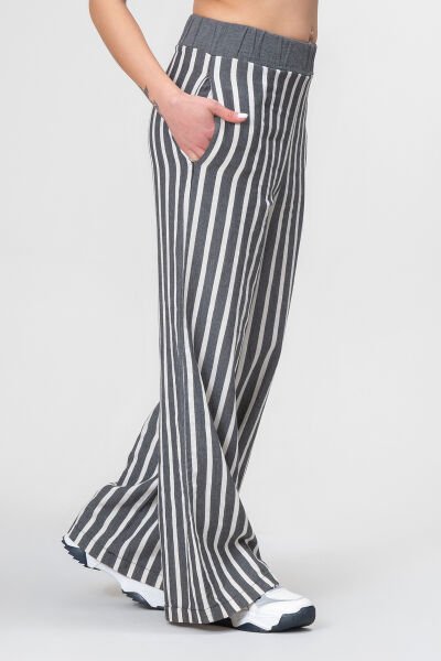 Bold and Young Beli Lastikli Çizgili İpliği Boyalı Bol Palazzo Pamuklu Pantolon XXL - siyah ekru