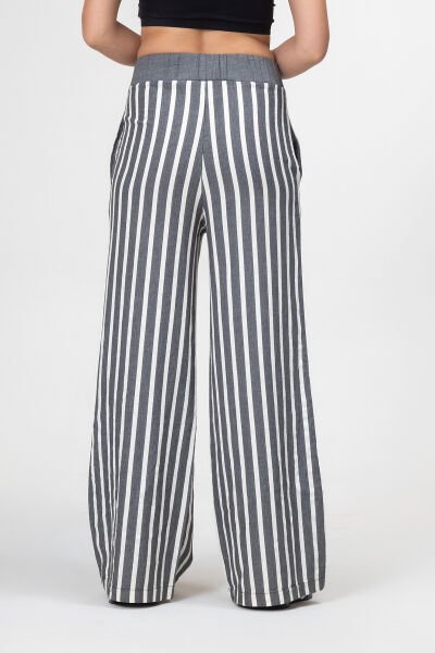 Bold and Young Beli Lastikli Çizgili İpliği Boyalı Bol Palazzo Pamuklu Pantolon XXL - siyah ekru