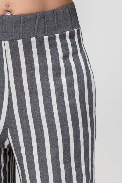 Bold and Young Beli Lastikli Çizgili İpliği Boyalı Bol Palazzo Pamuklu Pantolon XXL - siyah ekru