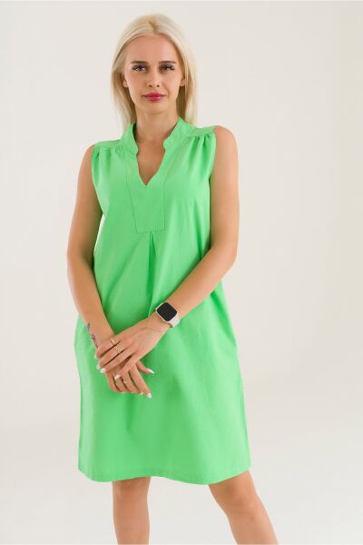 Cepli Yıkanmış Pamuk Likralı Elbise Yeşil - M