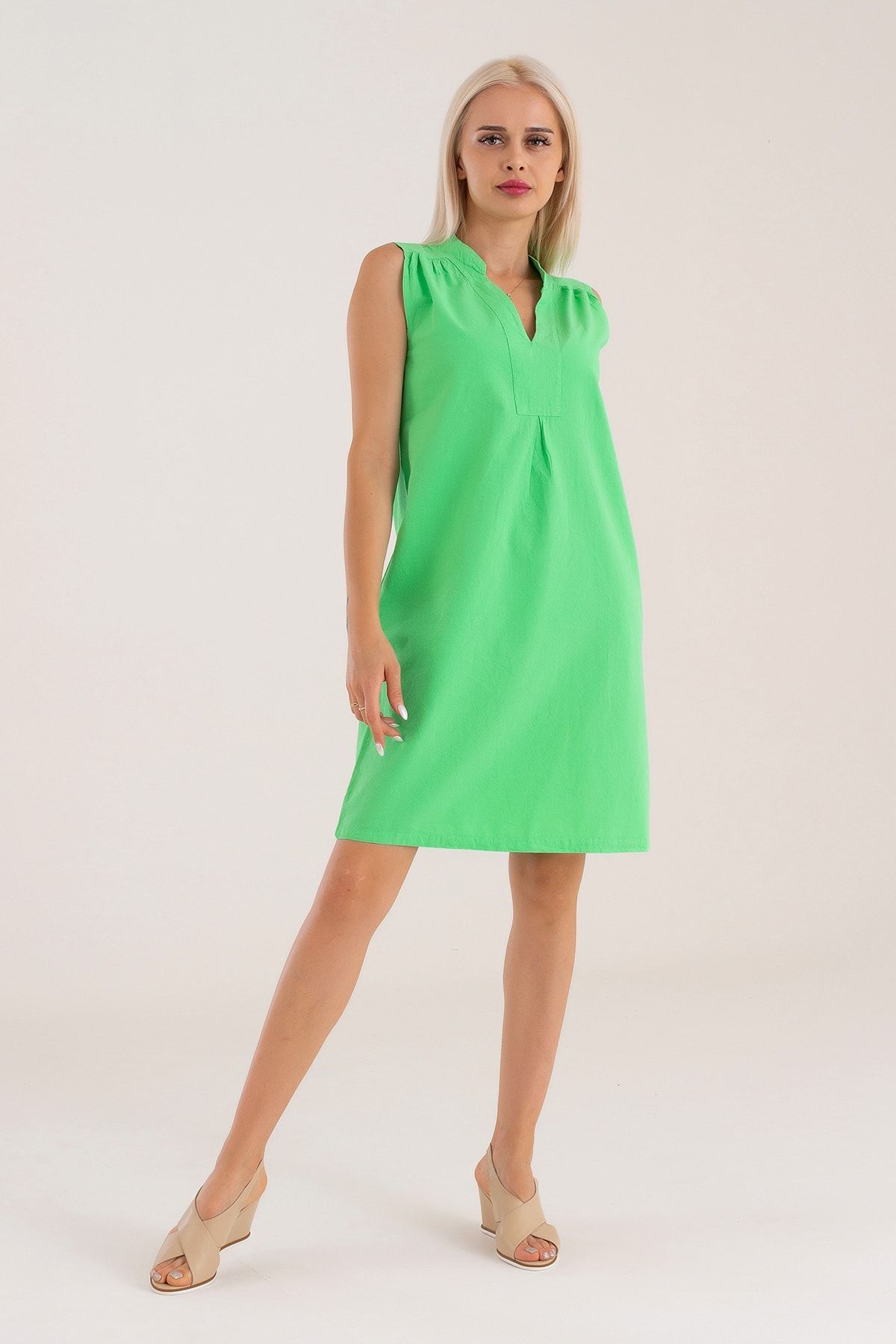 Cepli Yıkanmış Pamuk Likralı Elbise Yeşil - M