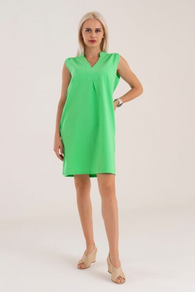 Cepli Yıkanmış Pamuk Likralı Elbise Yeşil - M