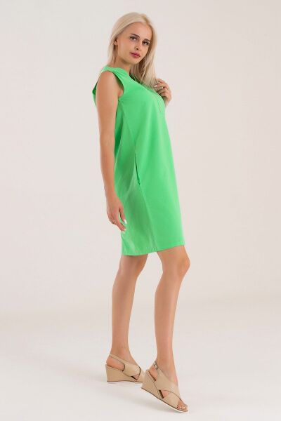 Cepli Yıkanmış Pamuk Likralı Elbise Yeşil - M