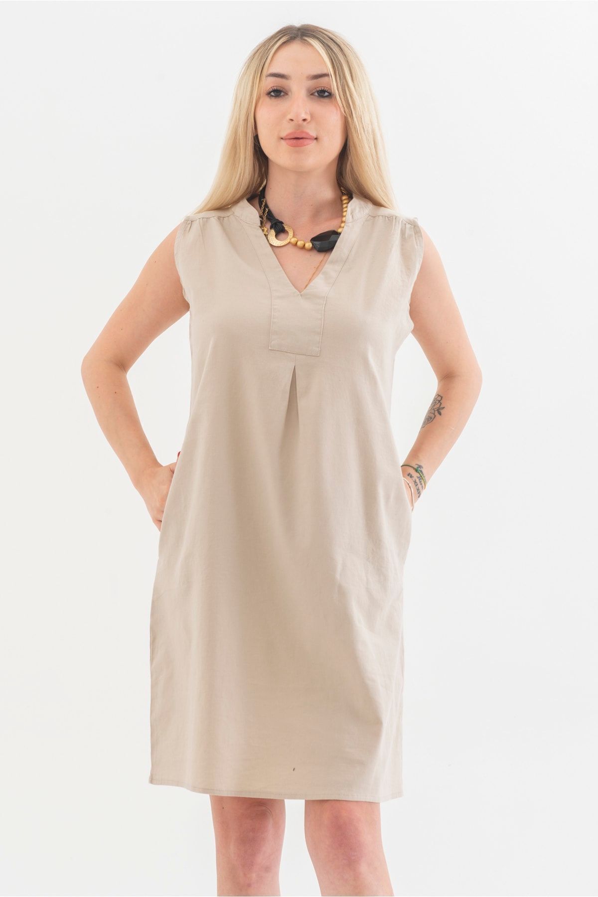 Cepli Yıkanmış Pamuk Likralı Elbise BEJ - 3XL