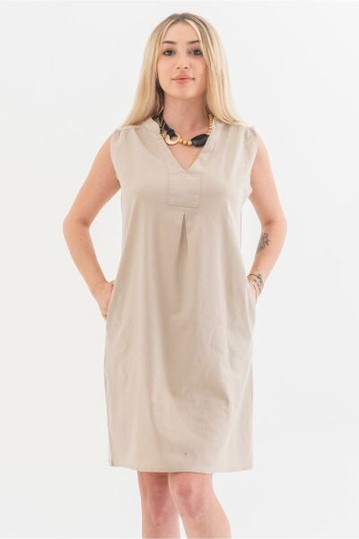 Cepli Yıkanmış Pamuk Likralı Elbise BEJ - 3XL