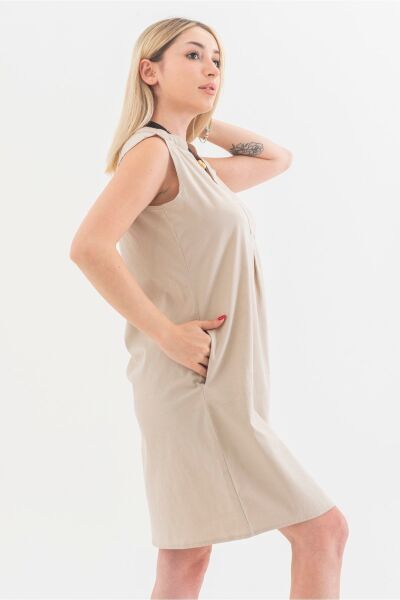 Cepli Yıkanmış Pamuk Likralı Elbise BEJ - 3XL