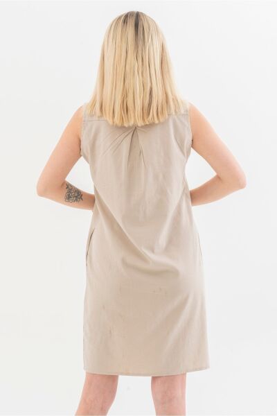 Cepli Yıkanmış Pamuk Likralı Elbise BEJ - 3XL