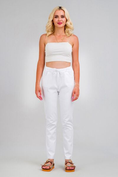 Kadın Bel Lastikli  Kordonlu Power Likralı Kumaş Pantolon Beyaz - XL