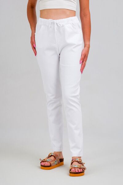 Kadın Bel Lastikli  Kordonlu Power Likralı Kumaş Pantolon Beyaz - XL