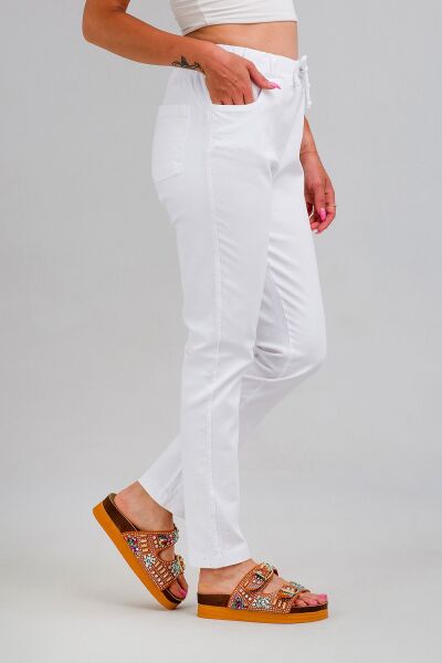 Kadın Bel Lastikli  Kordonlu Power Likralı Kumaş Pantolon Beyaz - XL