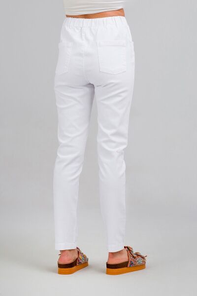 Kadın Bel Lastikli  Kordonlu Power Likralı Kumaş Pantolon Beyaz - XL