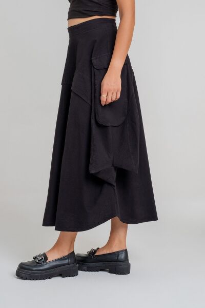 Kadın  Kargo Cepli Fermuarlı İnce Etek siyah pamuklu - L