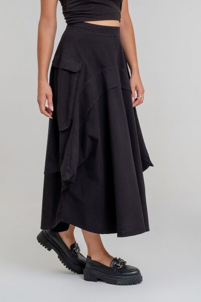 Kadın  Kargo Cepli Fermuarlı İnce Etek siyah pamuklu - L