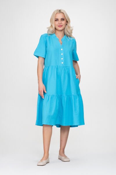Bold & Young Kadın Cepli Kısa Kollu Yarım Pat Düğmeli Büzgülü Pamuklu Elbise 3XL - Turkuaz