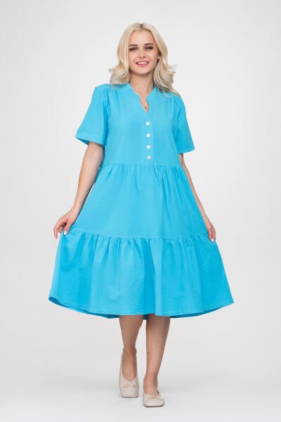 Bold & Young Kadın Cepli Kısa Kollu Yarım Pat Düğmeli Büzgülü Pamuklu Elbise 3XL - Turkuaz