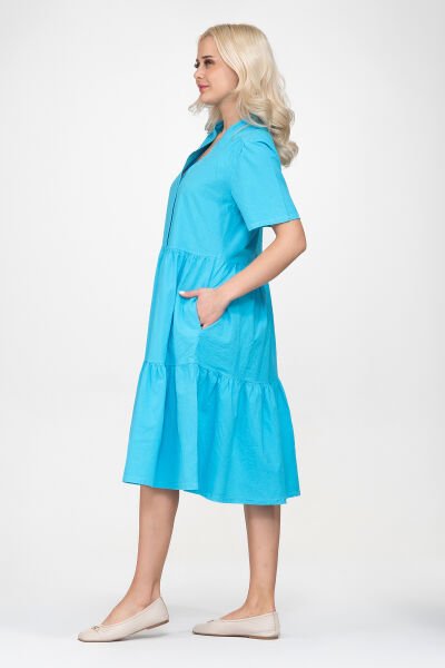 Bold & Young Kadın Cepli Kısa Kollu Yarım Pat Düğmeli Büzgülü Pamuklu Elbise 3XL - Turkuaz