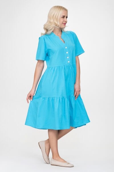 Bold & Young Kadın Cepli Kısa Kollu Yarım Pat Düğmeli Büzgülü Pamuklu Elbise 3XL - Turkuaz