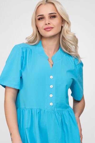 Bold & Young Kadın Cepli Kısa Kollu Yarım Pat Düğmeli Büzgülü Pamuklu Elbise 3XL - Turkuaz
