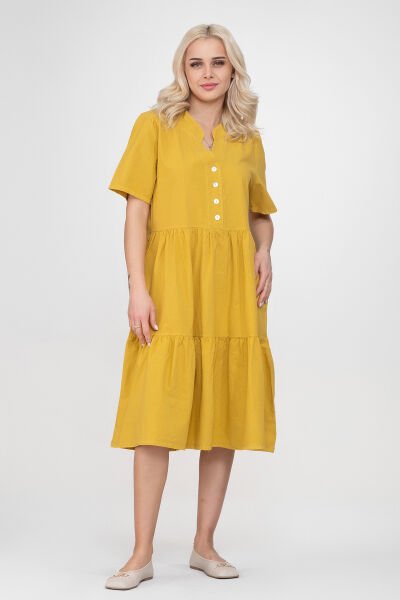 Bold & Young Kadın Cepli Kısa Kollu Yarım Pat Düğmeli Büzgülü Pamuklu Elbise XXL - Hardal