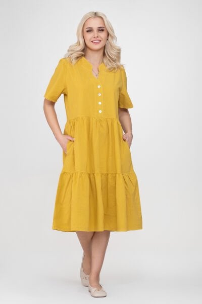 Bold & Young Kadın Cepli Kısa Kollu Yarım Pat Düğmeli Büzgülü Pamuklu Elbise XXL - Hardal
