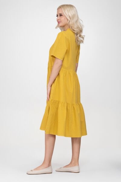 Bold & Young Kadın Cepli Kısa Kollu Yarım Pat Düğmeli Büzgülü Pamuklu Elbise XXL - Hardal