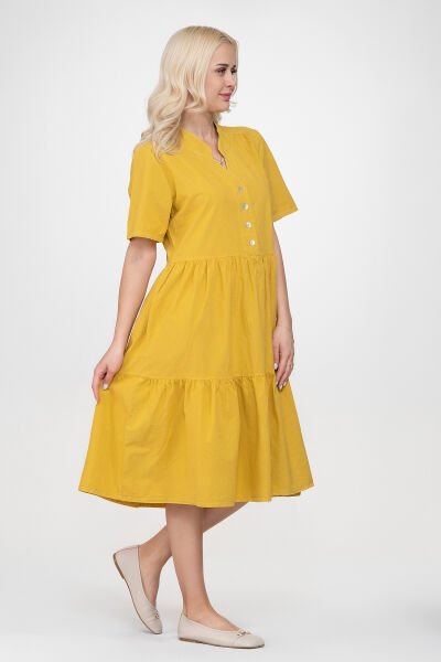 Bold & Young Kadın Cepli Kısa Kollu Yarım Pat Düğmeli Büzgülü Pamuklu Elbise XXL - Hardal