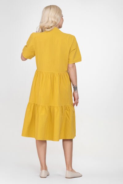 Bold & Young Kadın Cepli Kısa Kollu Yarım Pat Düğmeli Büzgülü Pamuklu Elbise XXL - Hardal