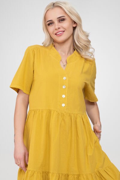Bold & Young Kadın Cepli Kısa Kollu Yarım Pat Düğmeli Büzgülü Pamuklu Elbise XXL - Hardal