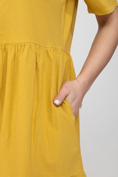 Bold & Young Kadın Cepli Kısa Kollu Yarım Pat Düğmeli Büzgülü Pamuklu Elbise XXL - Hardal