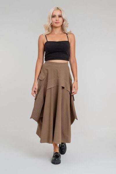 Kadın  Kargo Cepli Fermuarlı İnce Etek haki pamuklu - L