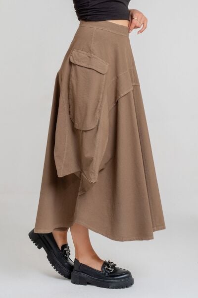 Kadın  Kargo Cepli Fermuarlı İnce Etek haki pamuklu - L